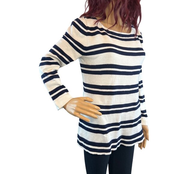 (5 for $25) J.Crew Boatneck Pullover Sweater in Ivory/Navy Stripe Size Small - Picture 2 of 5